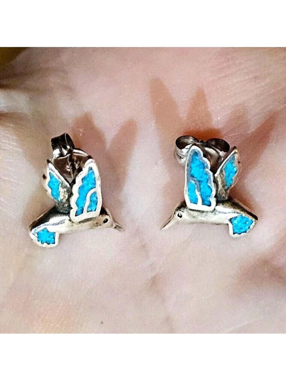 Vintage 925 Sterling Silver Hummingbird Earrings Turquoise Inlay Navajo Native